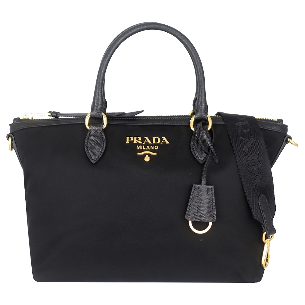 PRADA 黑色尼龍金字皮邊扇型肩背/手提包
