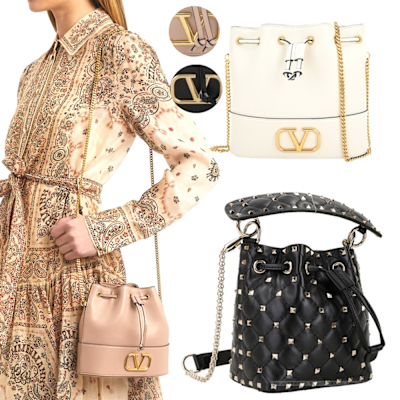 VALENTINO VLogo 經典羊皮鍊帶水桶包