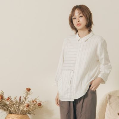 【MOSS CLUB】直橫條紋變化七分袖襯衫 藍 白(魅力商品)