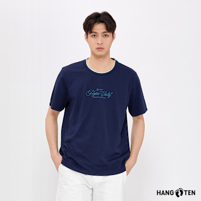 Hang Ten 男裝-抗菌除臭領口織帶短袖T恤-丈青