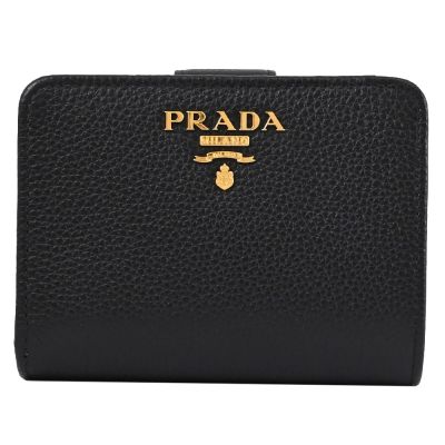 PRADA 金屬浮雕LOGO荔枝牛皮釦式零錢短夾(黑)
