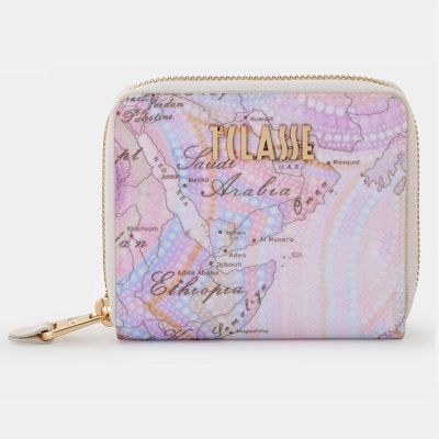 Alviero Martini 義大利地圖包 螺旋雲彩 ㄇ字拉鍊5卡零錢袋短夾 -柔粉紫色