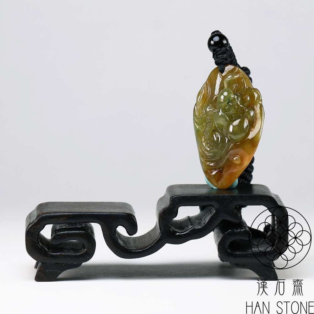 漢石齋】天然翡翠A貨一品清蓮玉佩吊墜飄花種帶紅黃翡(23*36*10mm) | 漢