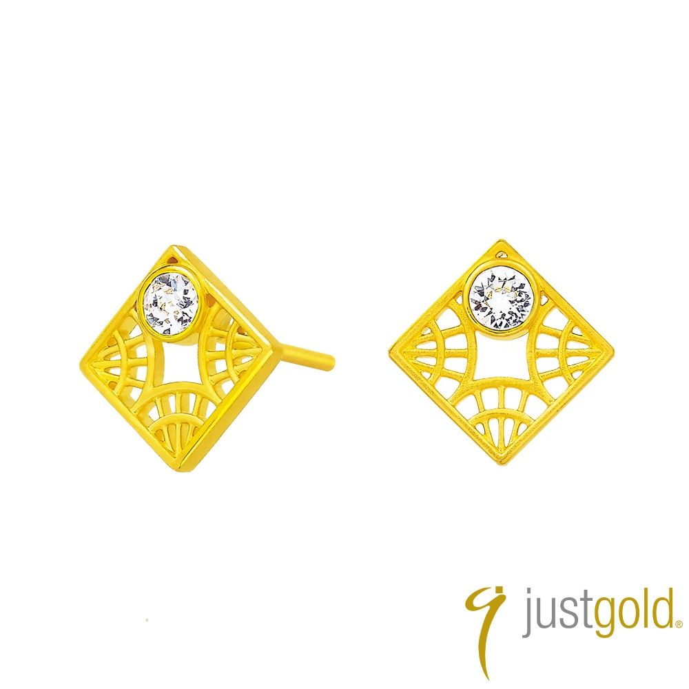 【Just Gold 鎮金店】藝綻 Linea Bloom 黃金耳環-方