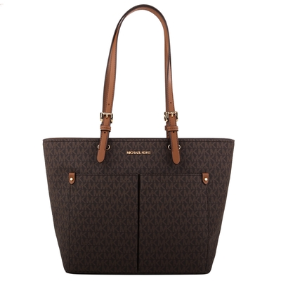 MICHAEL KORS 金字防刮滿版LOGO皮革肩背托特包(深咖)大