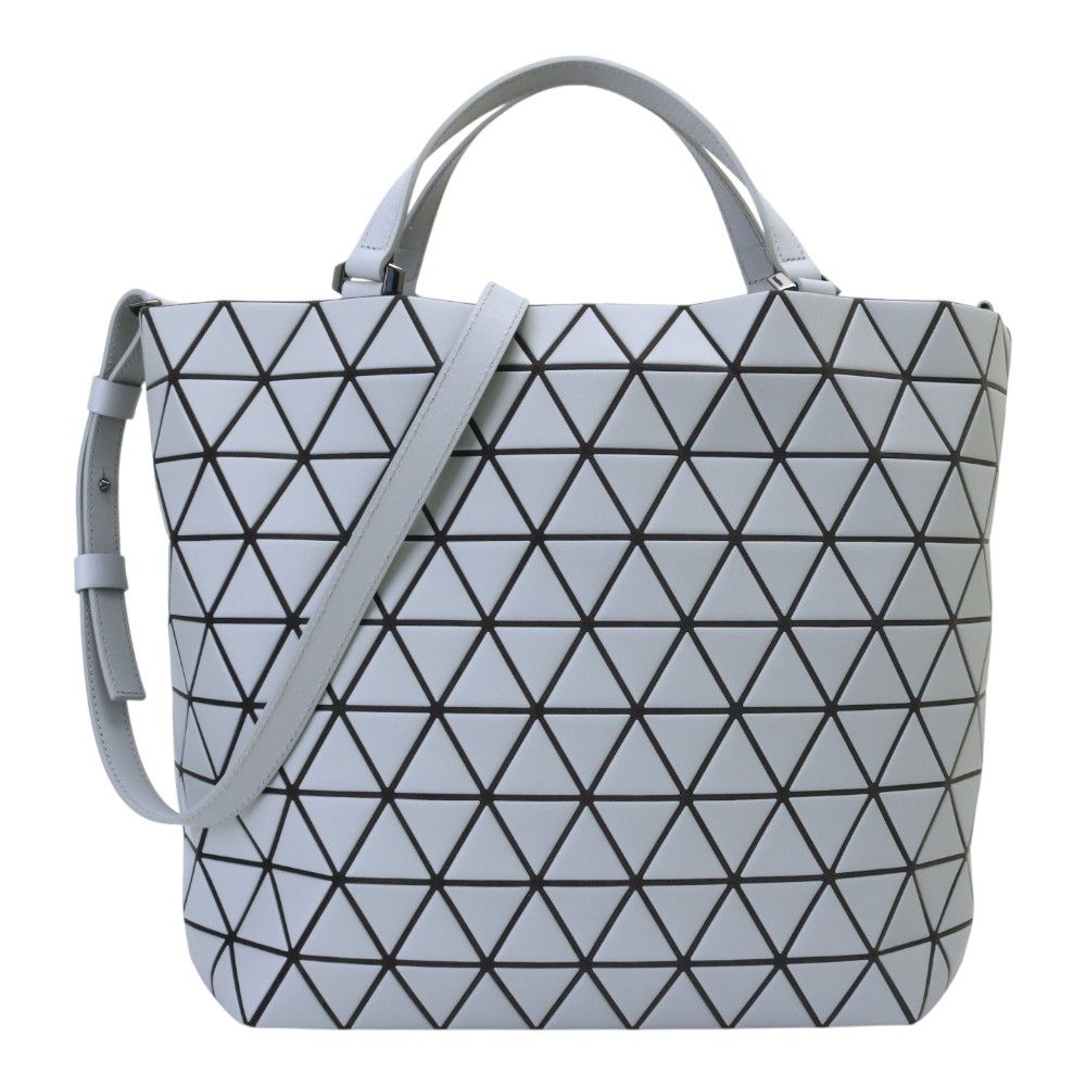 ISSEY MIYAKE  BAOBAO 皮質幾何方格手提/斜背兩用包(霧淺灰)中款