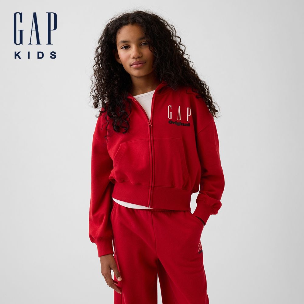 【GAP】兒童VintageSoft毛圈布寬版Gap Logo拉鍊連帽外套-現代紅(907410) (現代紅)
