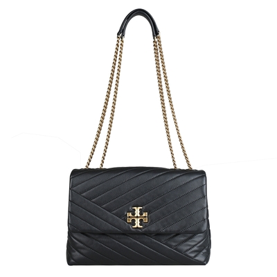 TORY BURCH Kira 雙T標誌V型紋絎縫納帕皮革肩背斜背鍊帶包(黑)