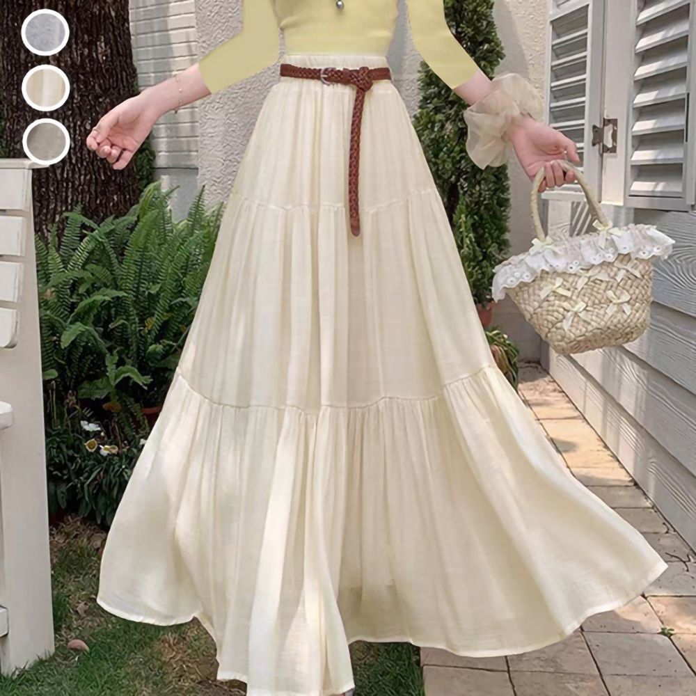 [韓國K.W.]現貨韓國空運法式隨性新款度假超長裙(小香風/韓國製/大擺裙) (米色)