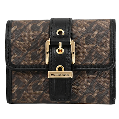 MICHAEL KORS COLBY 滿版印花金屬穿扣三折式零錢短夾(深咖/黑)