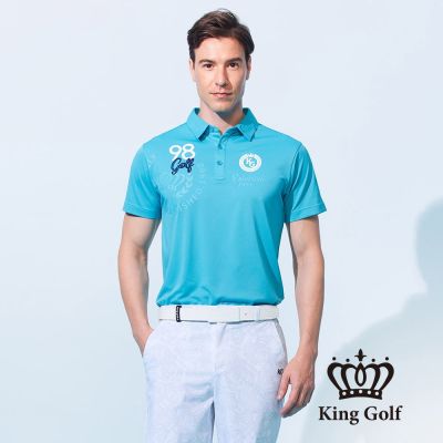 【KING GOLF】網路獨賣款-男款美式印花數字刺繡涼感素面短袖POLO衫-藍色