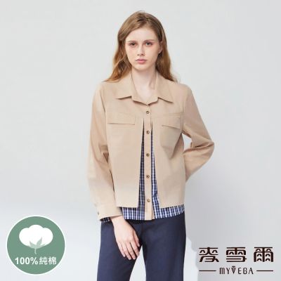 MYVEGA麥雪爾 MIT純棉假兩件格紋拼接長袖襯衫-卡其