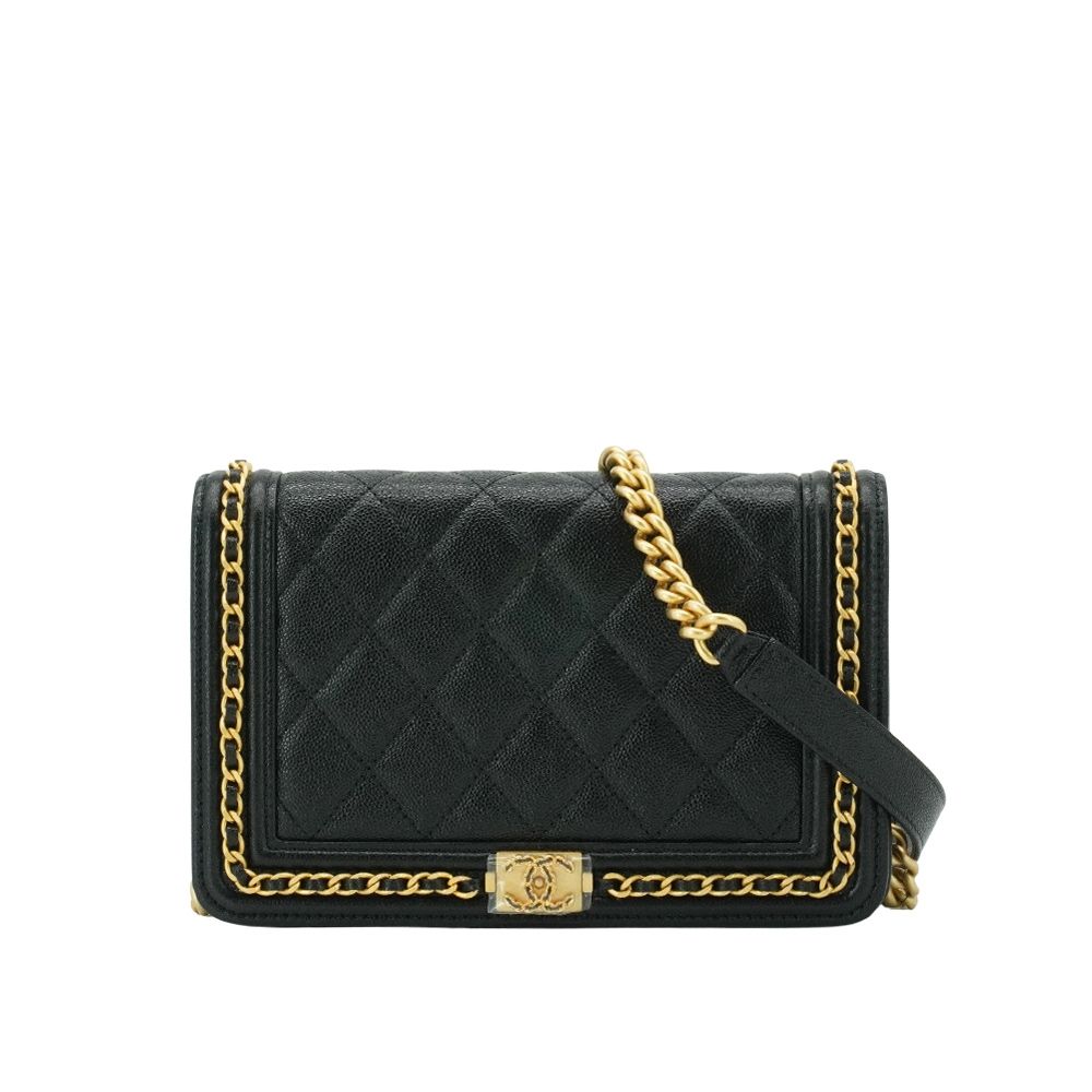 Chanel 香奈兒展示品Boy 粒紋牛皮皮穿鍊飾邊金鍊Woc斜背包