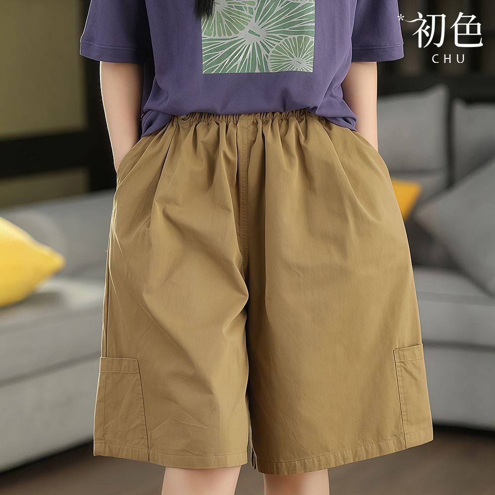 初色 日系復古風純色中高腰鈕扣雙口袋設計寬鬆闊腿短褲休閒褲寬褲-共5色-51521(M-2XL可選)
