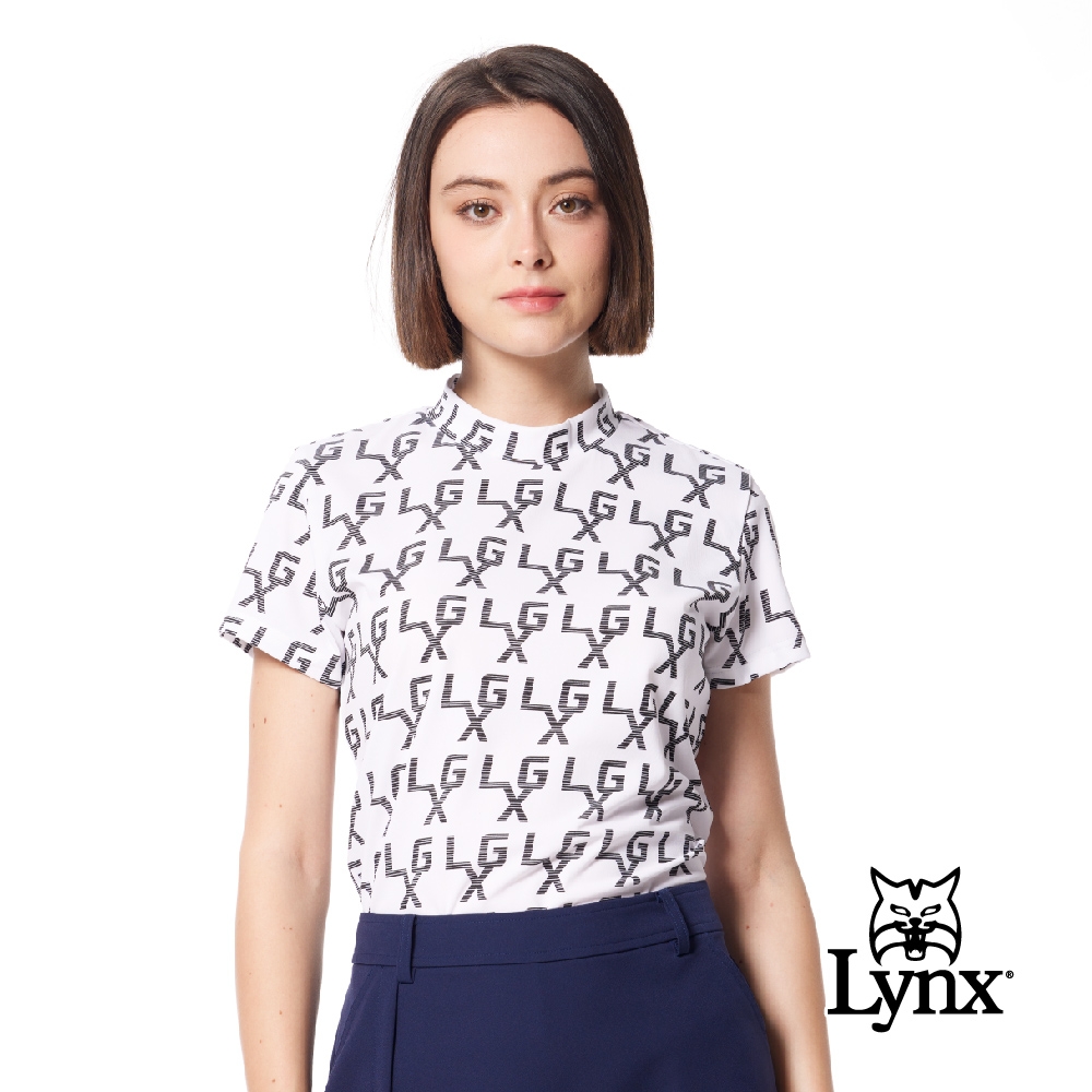 【Lynx Golf】女款竹節紗材質LXG字樣素雅風格印花Lynx跳色繡花短袖圓領POLO衫/高爾夫球衫-白色 (白色)