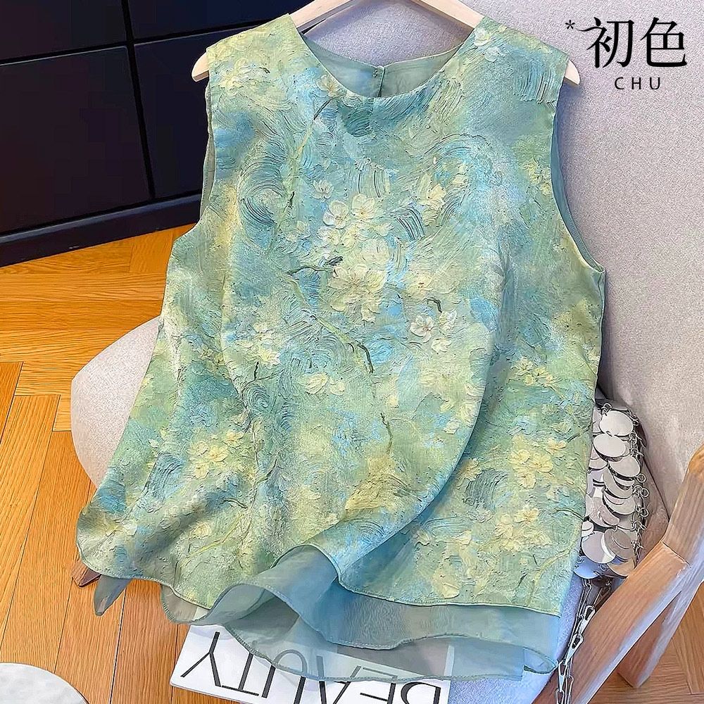 初色 文藝風寬鬆圓領無袖油畫印花假兩件紗網背心女背心-綠色-52462(M-2XL可選)