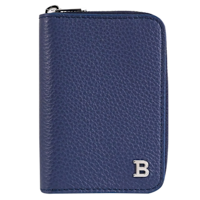 BALLY BALEE 金屬LOGO風琴式荔枝牛皮拉鍊零錢包(深藍)