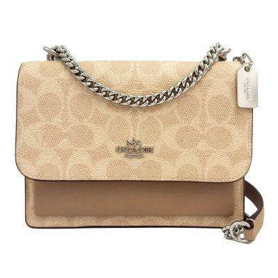 COACH 新款 ELODIE 18 C LOGO鏈帶肩背/斜背兩用風琴包(蕎麥奶茶)