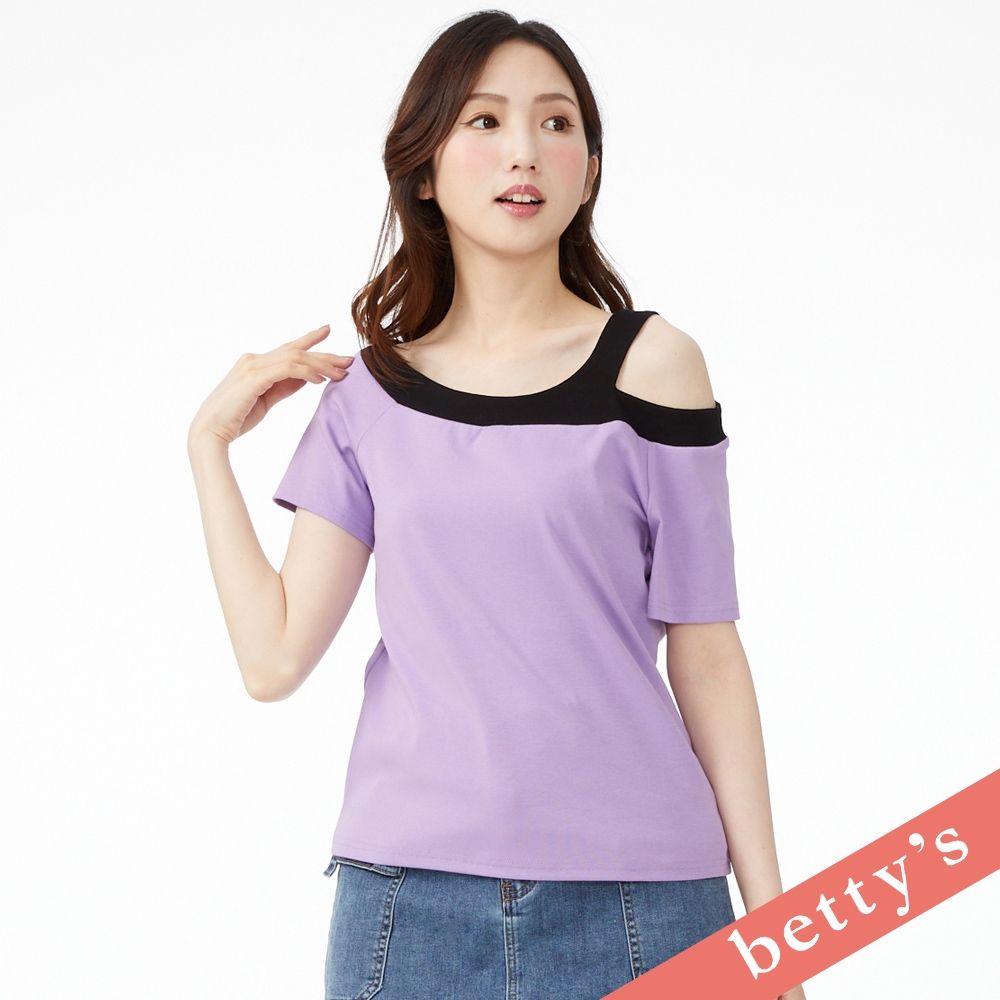 betty’s貝蒂思  撞色寬領露肩短袖T-shirt(紫色) (紫色)