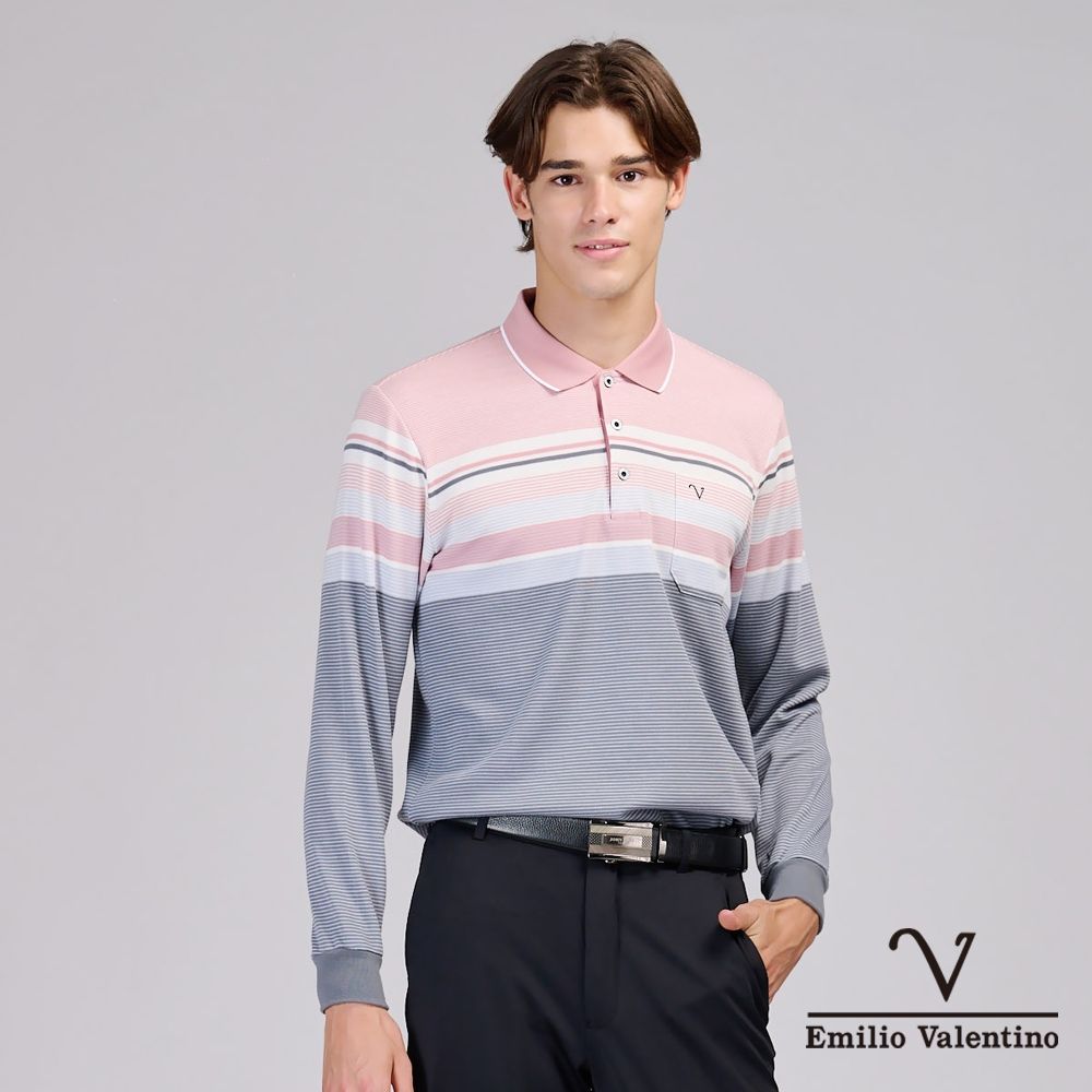 Emilio Valentino范倫鐵諾 男 長袖POLO衫 保暖蓄熱 精梳棉 磨毛 胸前口袋 POLO衫 上衣 粉/灰/白(15-6V0966)