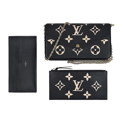 LOUIS VUITTON路易威登 LV M80482 FELICIE POCHETTE壓印LOGO Monogram牛皮扣式三合一鏈帶斜背包(黑x米)