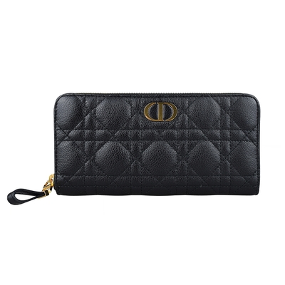 DIOR CARO 金字CD LOGO藤格紋絎縫設計小牛皮8卡拉鍊長夾(黑) | 歐系