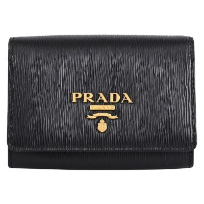 PRADA 金屬浮雕LOGO水波紋扣式零錢包(黑)