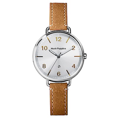 Hush Puppies 麂皮質感三針日期女錶(HP3874)-白x橘黃皮帶/36 mm