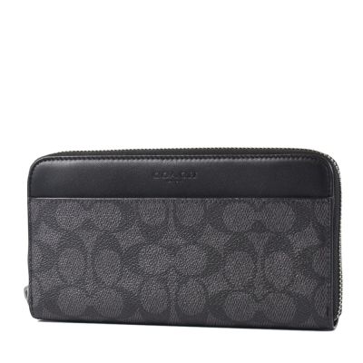 COACH 男款 緹花LOGO防刮皮革拉鍊長夾-黑灰