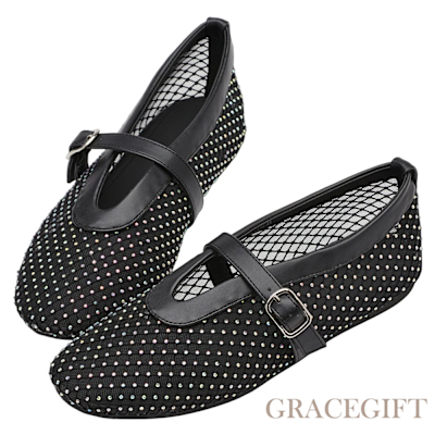 【Grace Gift】夢幻細鑽編織網面平底瑪莉珍鞋 黑