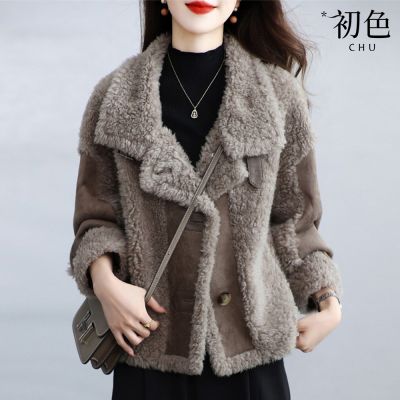 初色 通勤風短款保暖拼接單排扣西裝領長袖仿羊羔毛大衣外套女外套-咖色-17555(M-2XL可選)