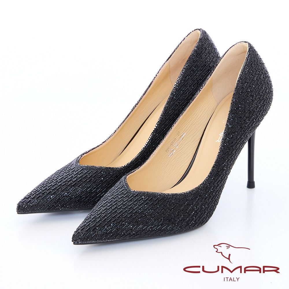 【CUMAR】典雅V口貼鑽細跟晚宴婚鞋高跟鞋-黑