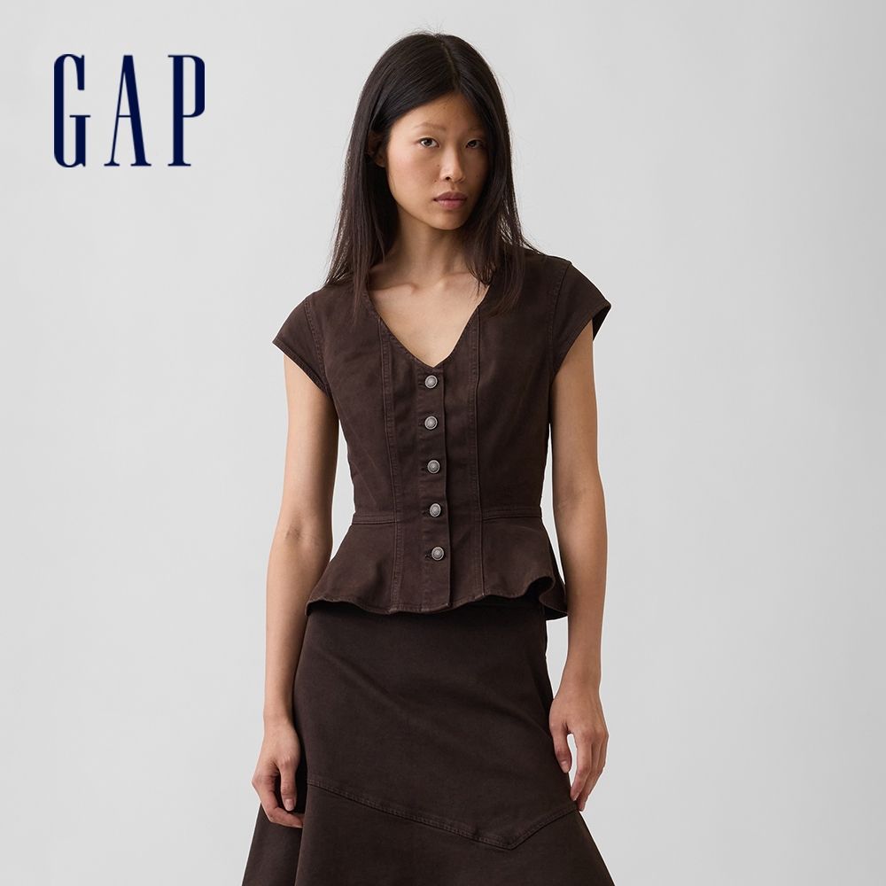 【GAP】貼身牛仔荷葉邊上衣-大地棕(913928) (大地棕)