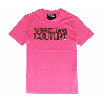 VERSACE JEANS 純綿內布標白字LOGO亮片字母設計短袖T恤(女款/粉)