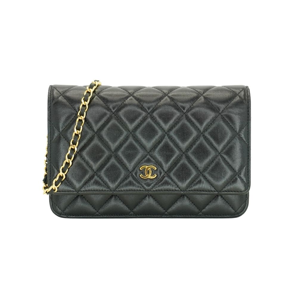 二手品 Chanel 香奈兒 金雙C羊皮金鏈Woc斜背包(黑)