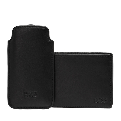 HUGO BOSS 經典LOGO壓紋牛皮多卡折疊短夾萬用名片/卡夾組合(黑色)