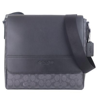 COACH 黑色皮革掀蓋方形斜背包