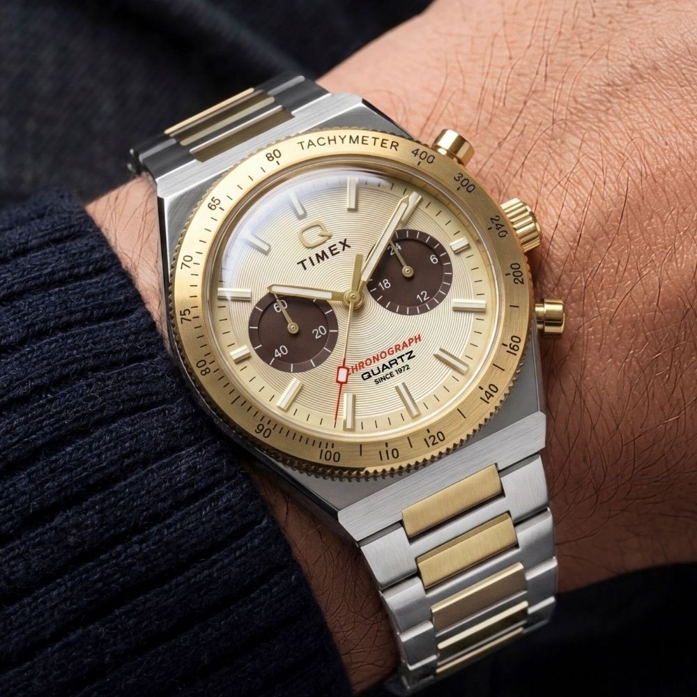 TIMEX 天美時 Q Timex 36毫米 雙眼 金色錶盤 不鏽鋼計時碼錶(金x銀 TXTW2Y92300)