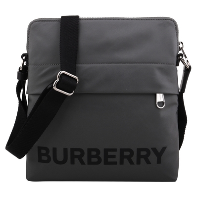 BURBERRY 巴寶莉 字母標誌尼龍拉鍊斜背扁包(深灰)小