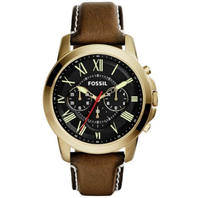 FOSSIL 古典伯爵三環計時腕錶-金框X咖啡帶-FS5062-44mm