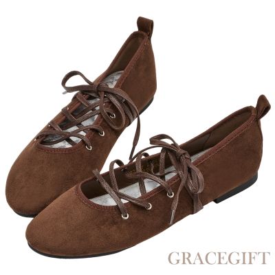 【Grace Gift】可可芭蕾絨面交叉綁繩芭蕾舞平底鞋 咖