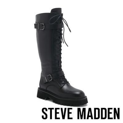STEVE MADDEN-率性綁帶方形扣飾長筒靴 TWAURA-黑色