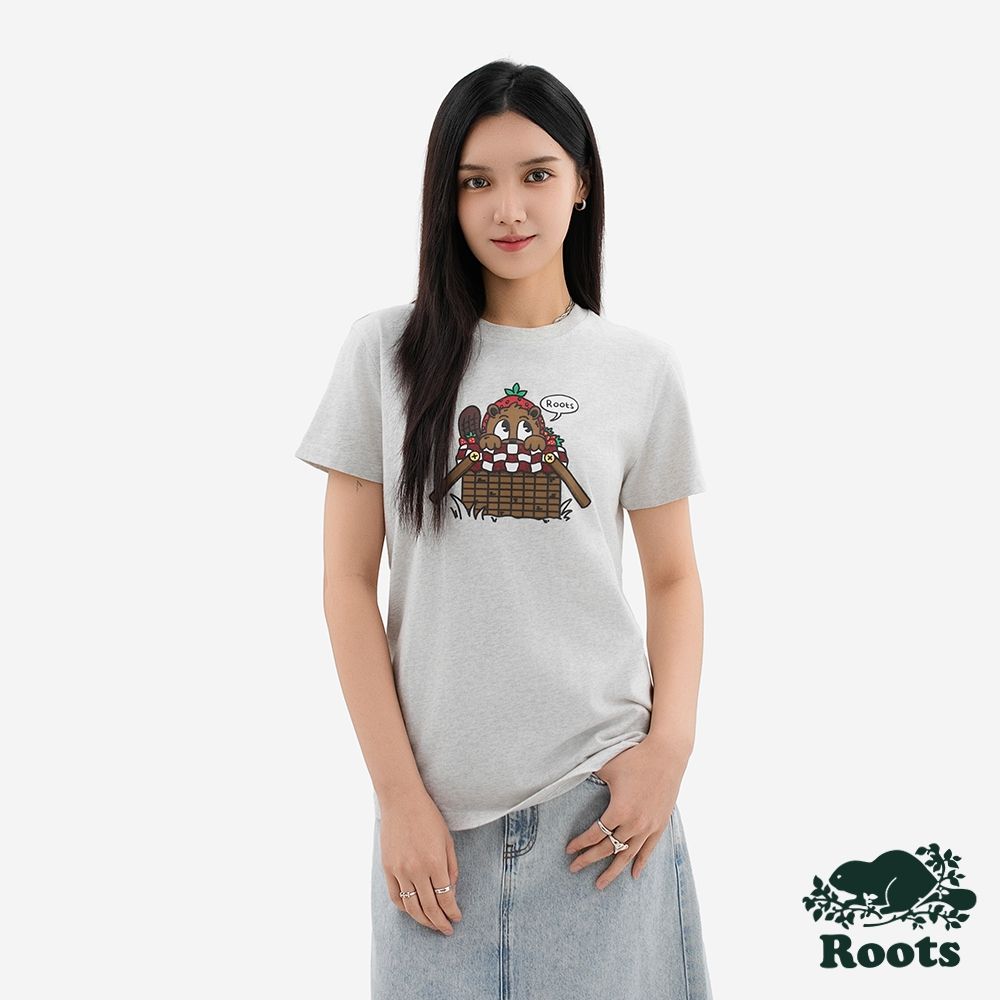 Roots 女裝- PICNIC AESTHETIC BUDDY 短袖上衣-白麻灰