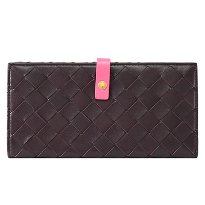 BOTTEGA VENETA 寶緹嘉 經典大編織小羊皮釦式多卡長夾(深紫紅/粉)