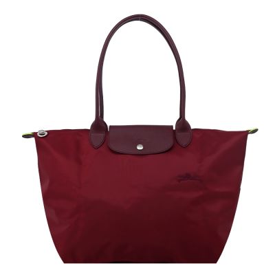 LONGCHAMP LE PLIAGE GREEN系列刺繡長把再生尼龍摺疊水餃包(大/紅石榴)