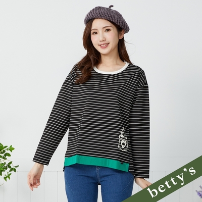 betty’s貝蒂思　下擺撞色開衩貓咪印花條紋T-shirt(共二色)