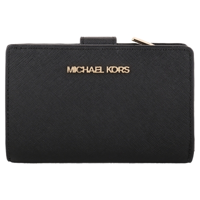 MICHAEL KORS- 金LOGO防刮皮革釦式拉鍊短夾(黑)
