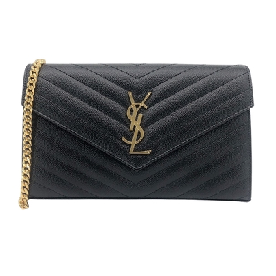 YSL Monogram V字縫線牛皮金logo斜肩/手拿包(377828-黑)