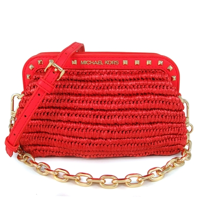 MICHAEL KORS Livia 金字Logo釘扣妝點珊瑚紅色編織雲朵兩用包(新品瑕疵)