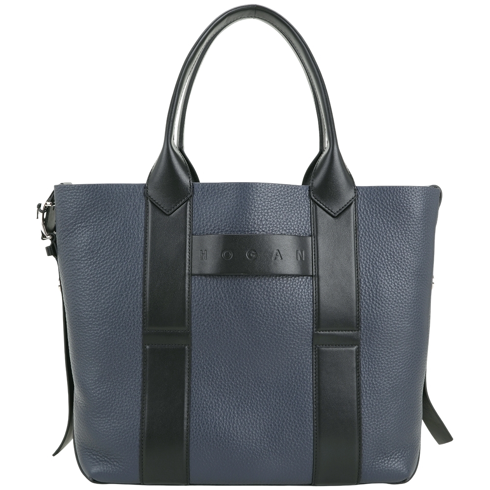 HOGAN Script 中型字母鉚釘飾荔紋牛皮手提/肩背托特包(附萬用包/深藍色